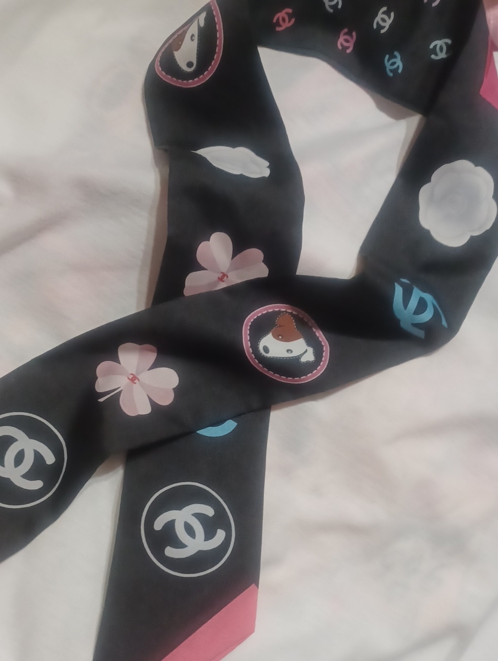 Fashion Inspired Black multi colr Scarf/Tie/ Twilky with Pink & Blue Accents